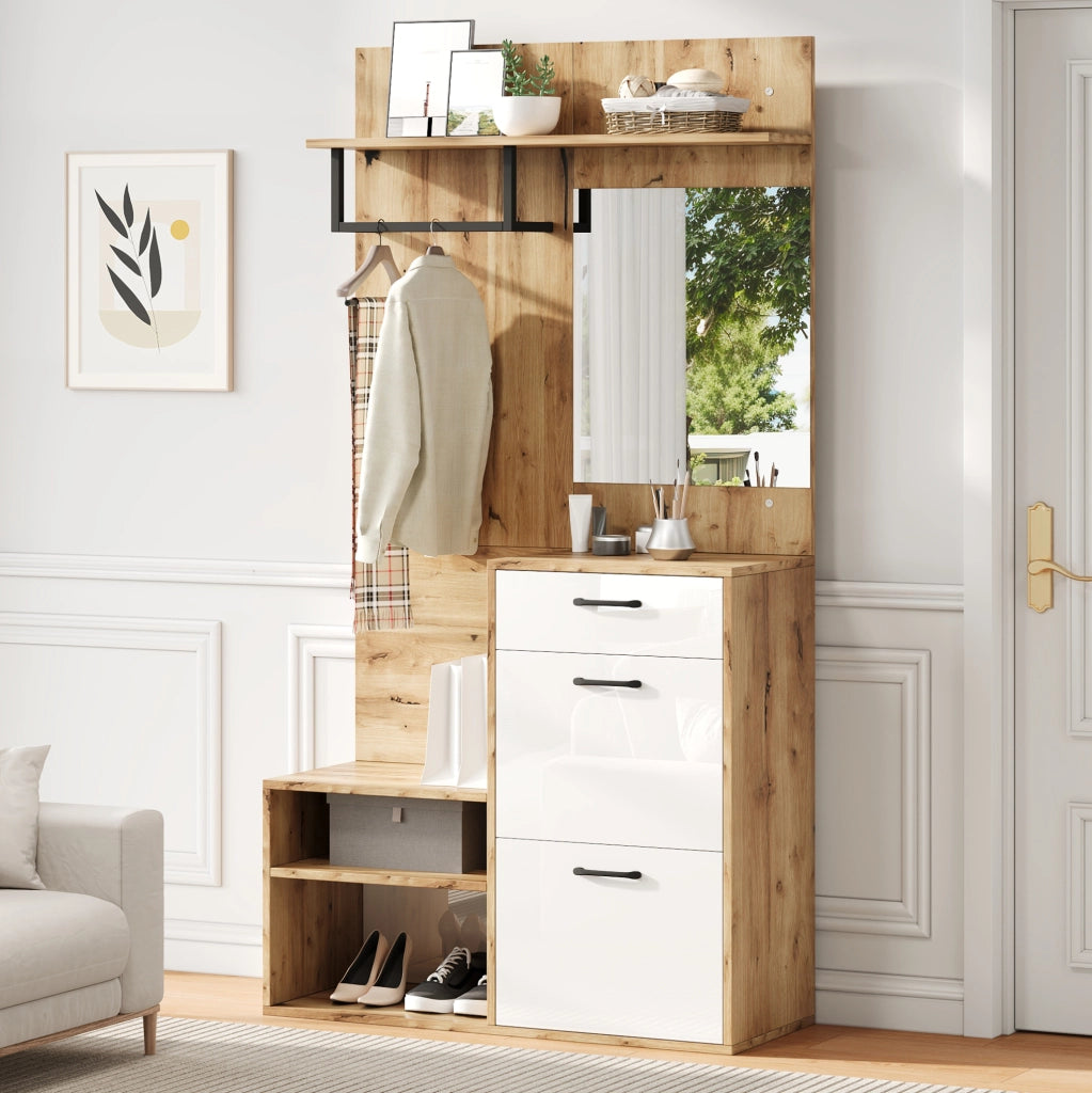 Mobile ingresso multifunzionale 100 x 38;5 x 190 cm con specchio; cassetto e scarpiera; bianco e naturale