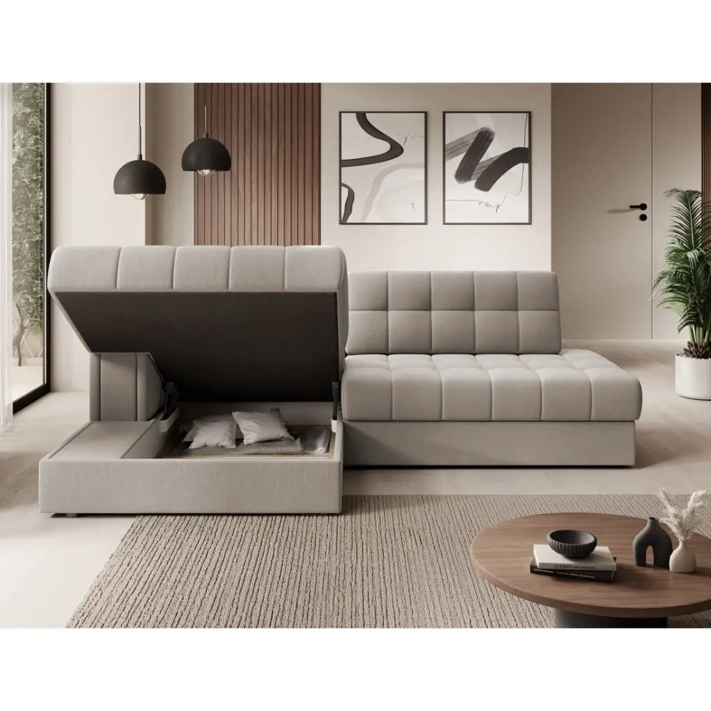 Divano angolare trasformabile CUBITO beige 240 cm con vano contenitore e letto