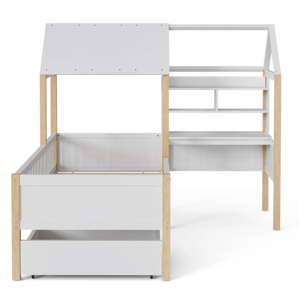 Letto bambino 90x200cm - Xylo - bianco, scrivania L, cassetti, sicuro