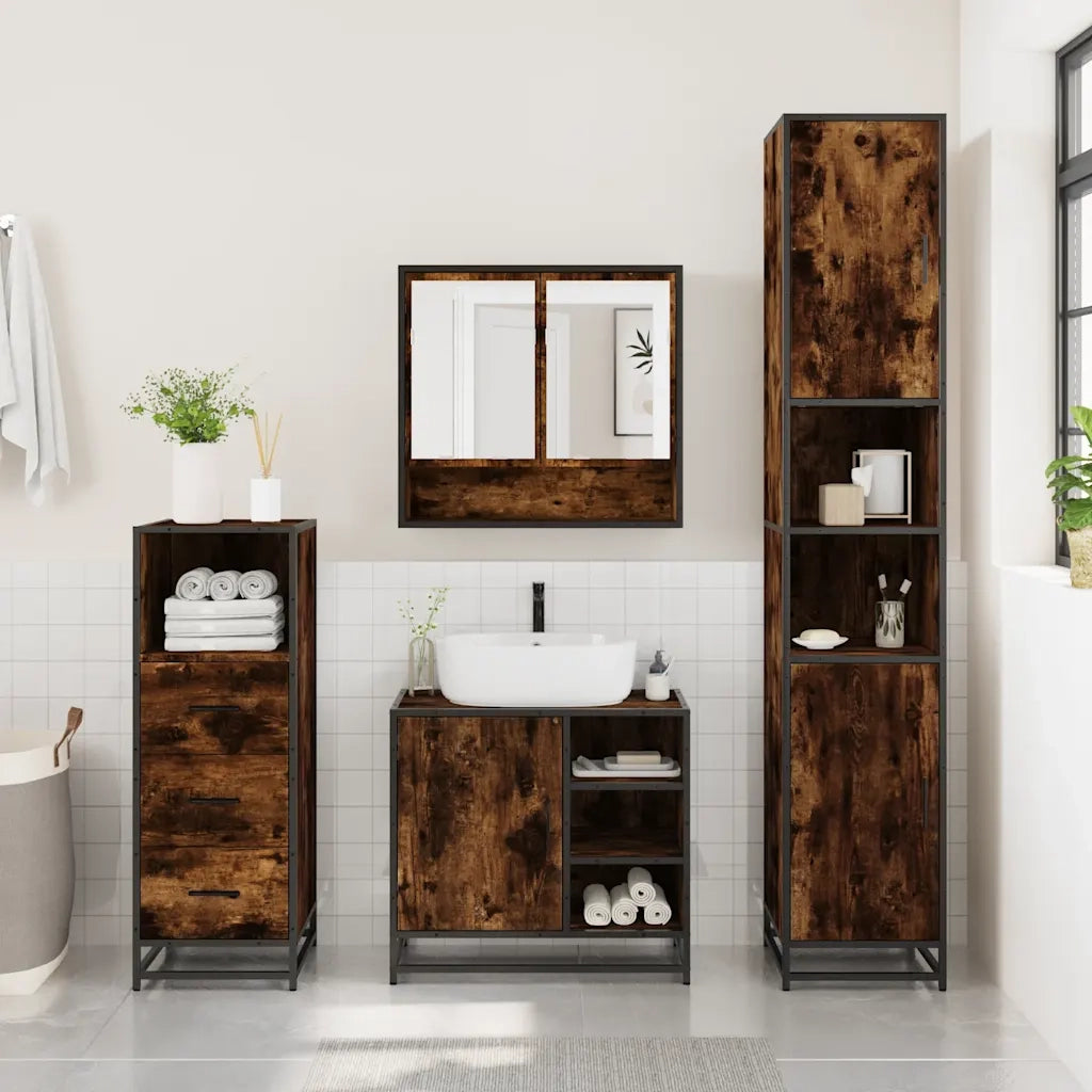 Set Mobili da Bagno | Armadio da bagno 3 pz Rovere Fumo in Legno Multistrato