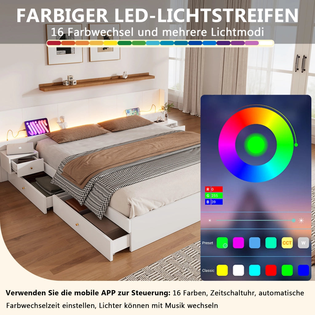 Letto Matrimoniale 180x200 cm; 2 Posti - USB; Presa; LED via app; 2 Cassetti - MDF - Bianco