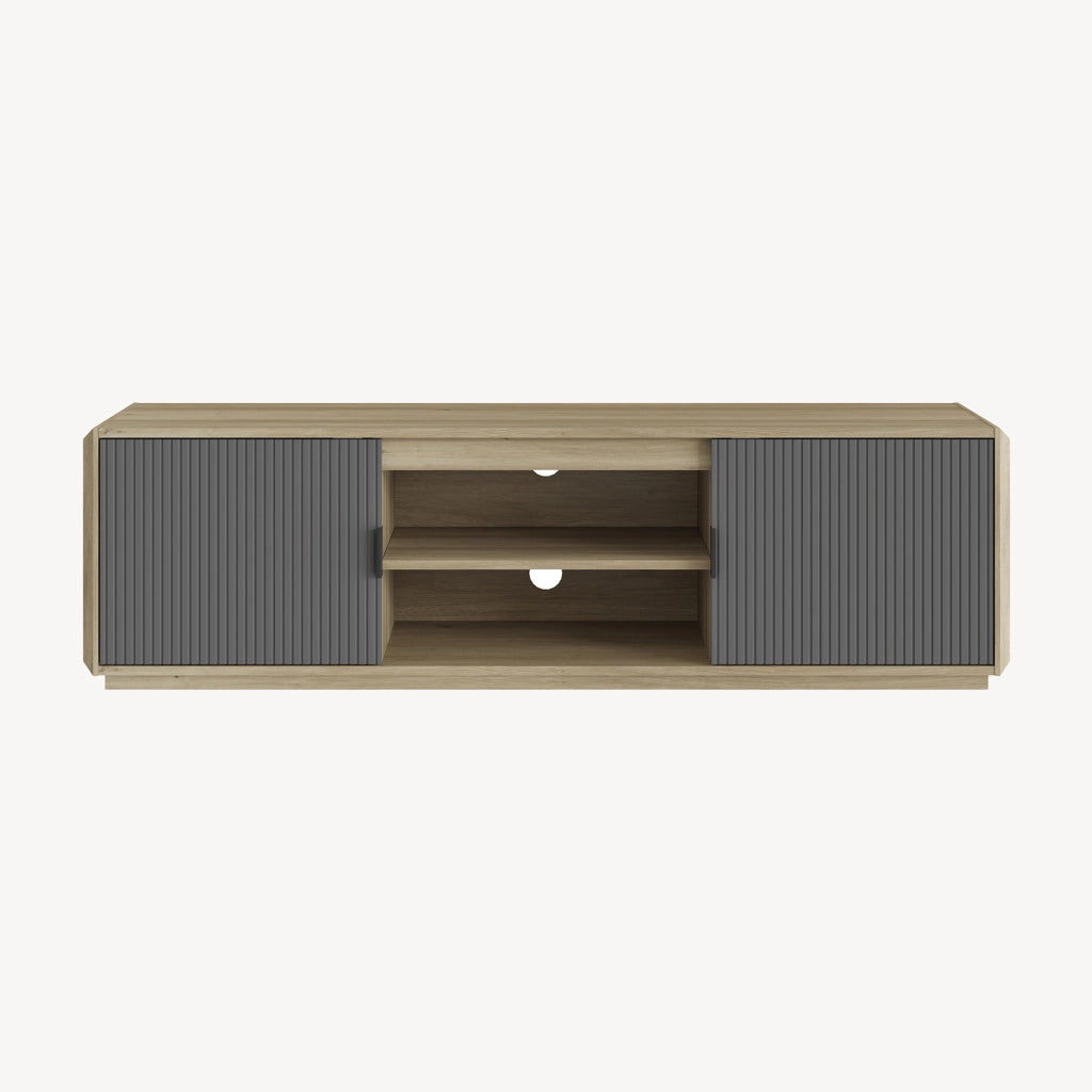 Mobile Porta TV Trömi a 2 Ante e Vani Aperti 150 x 40 x 43 cm - Effetto Rovere/Grigio [en.casa]
