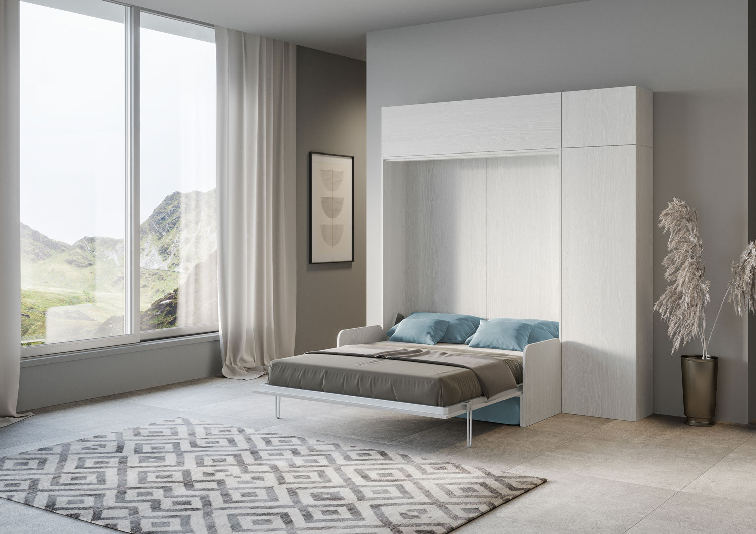 Letto Matrimoniale A Scomparsa 160 Kentaro Con Divano E Mobili Bianco Frassino e Azzurro