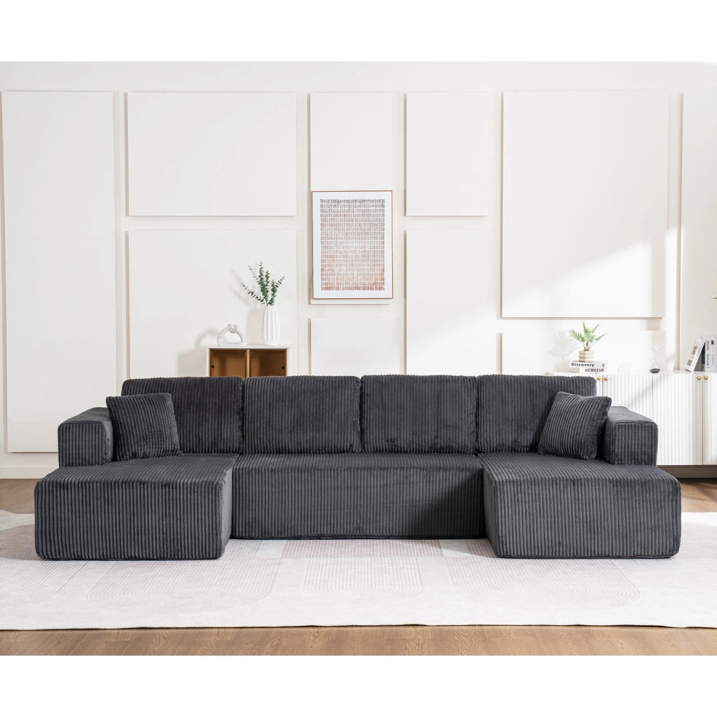 Divano panoramico a U modulare senza montaggio con 4 cuscini e 2 guanciali in velluto a coste grigio 332 × 156 × 88 cm