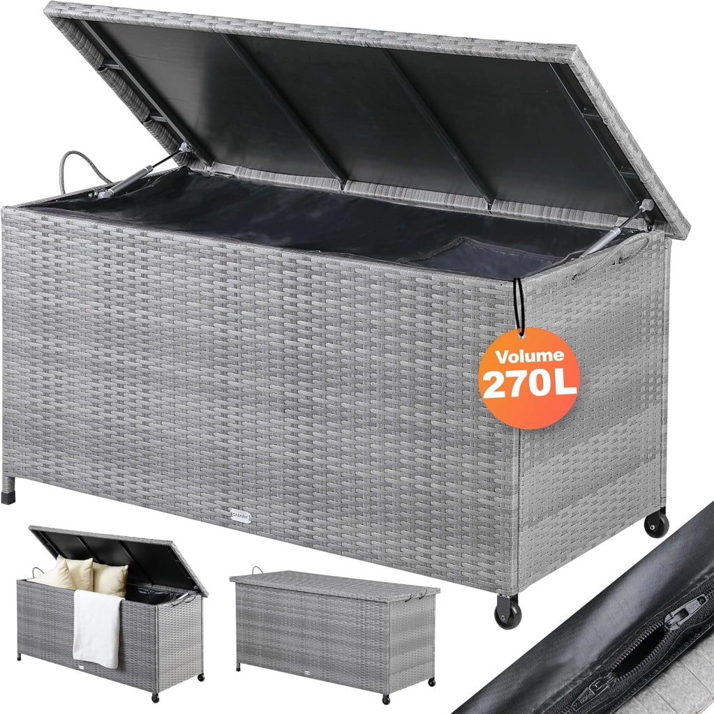 Baule da Giardino Salvaspazio 122x56x62cm Polyrattan Box Esterno con Rotelle Coperchio