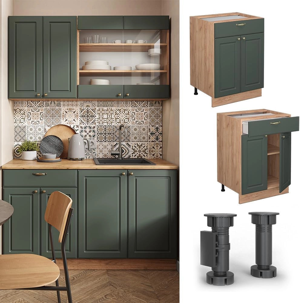 Mobiletto base per cucina Fame-Line, Verde-oro Country House, 60 cm con cassetto, senza piano di lavoro, per la combinazione con altri moduli della serie Fame-Line