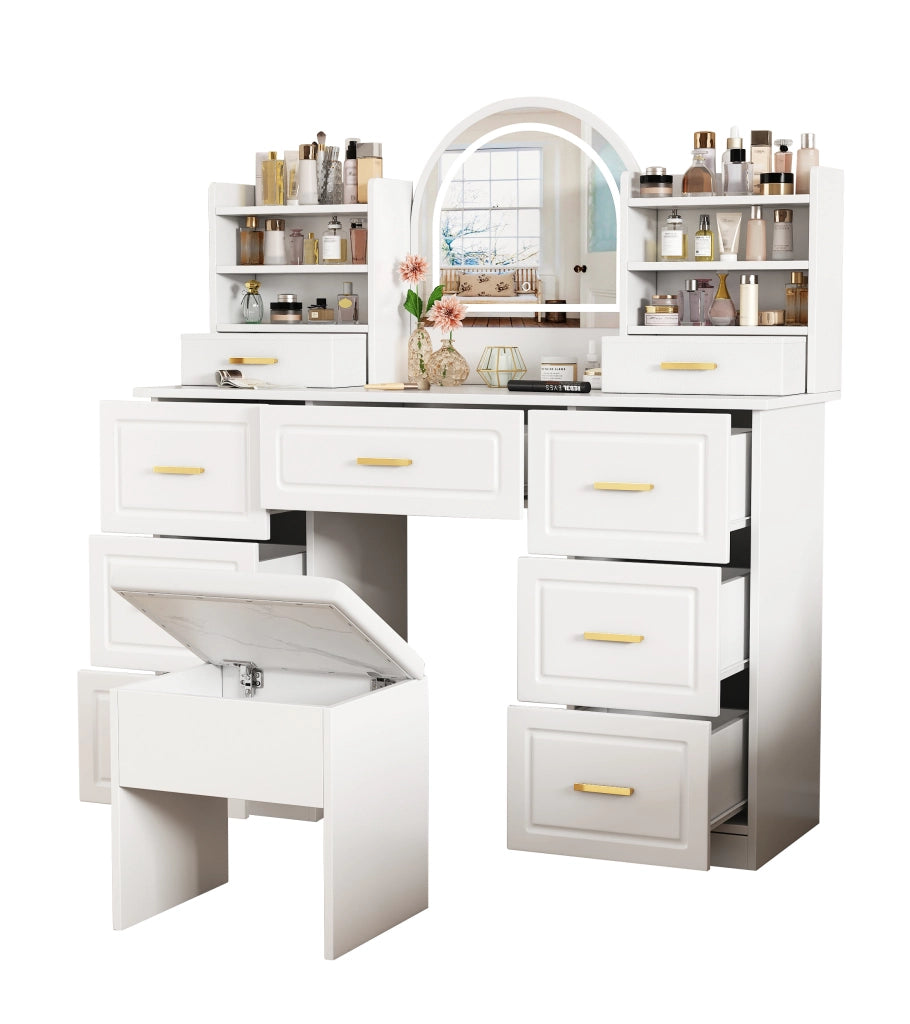 Tavolo da Trucco con Specchio e LED ¨C MINIMAL ¨C 9 Cassetti, Bianco, 120x40x135 cm