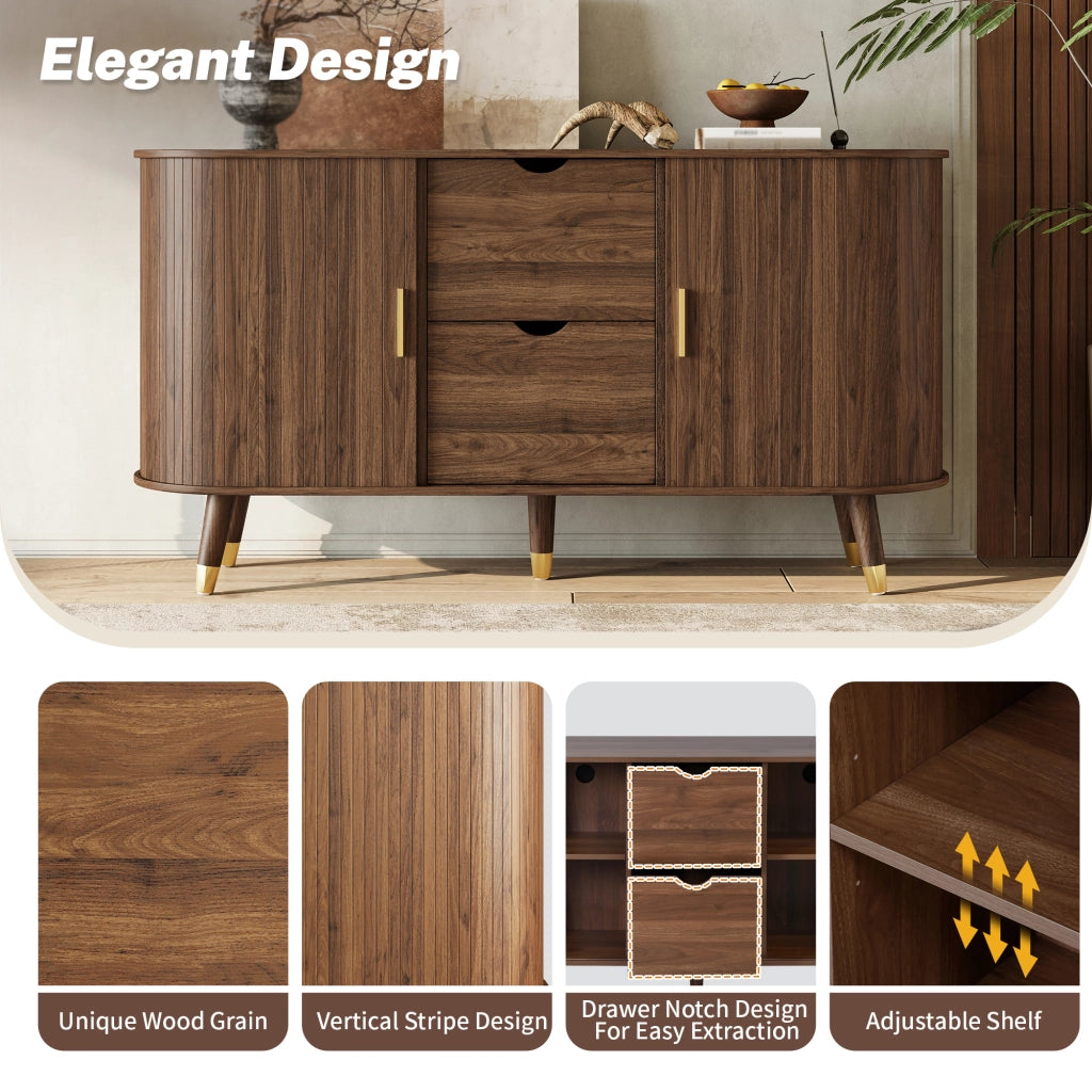 Credenza con venatura verticale, doppio cassetto e ripiani aperti in MDF effetto noce, 140 × 40 × 79,5 cm
