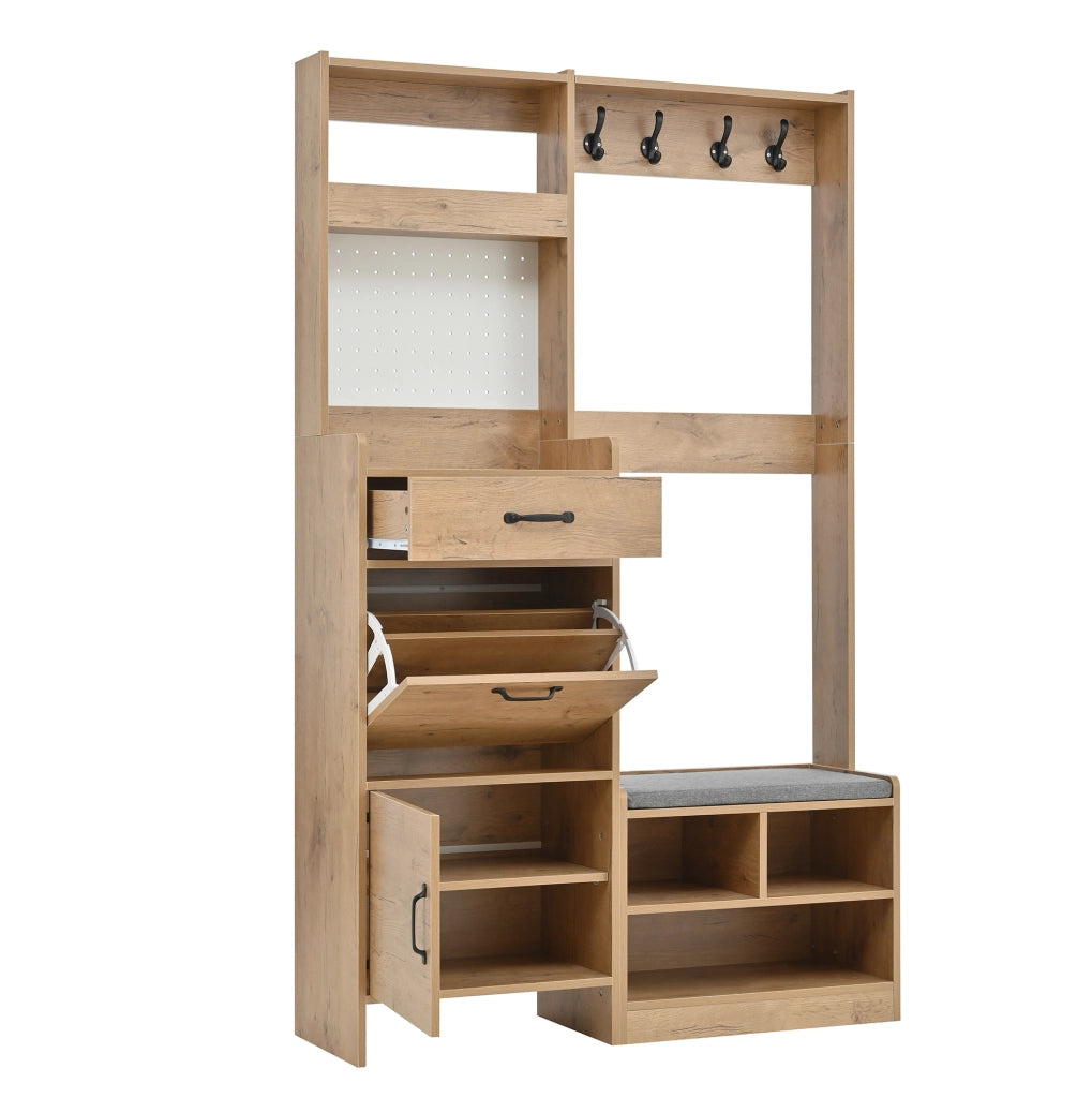 Guardaroba da ingresso 108.5x35x180 cm con panca; 4 ganci; truciolato naturale e bianco