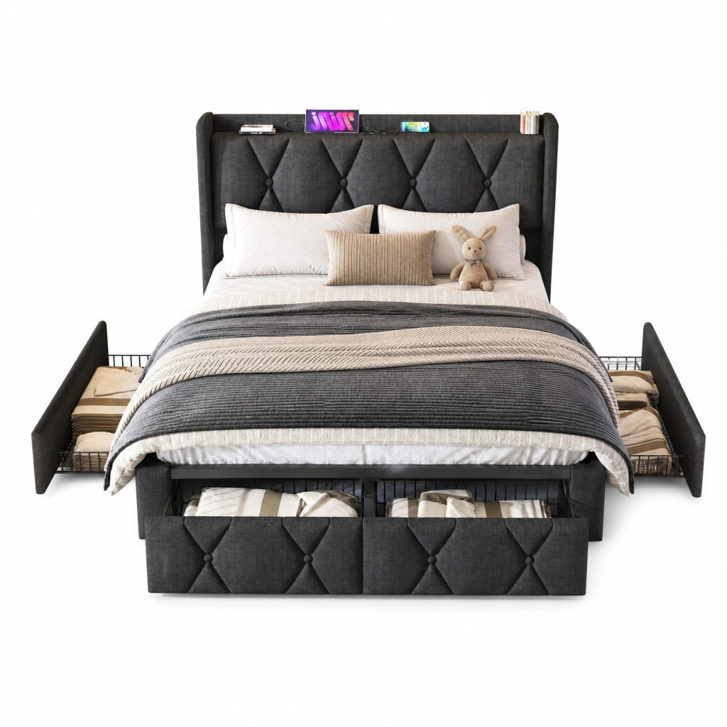 Letto Contenitore 160x200 cm; Letto Matrimoniale - USB; Prese; 4 Cassetti - Grigio