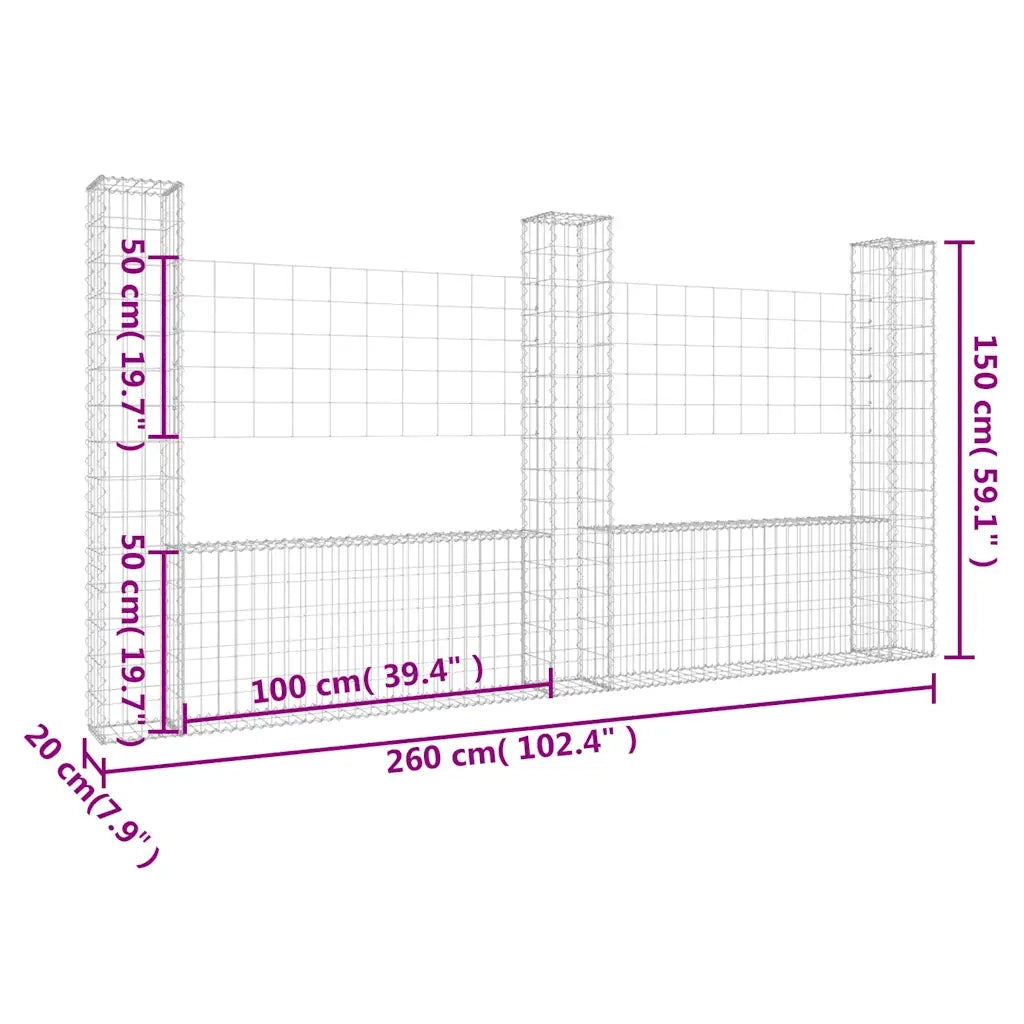 Cesto Gabbione a U con 3 Pali in Ferro 260x20x150 cm 151283