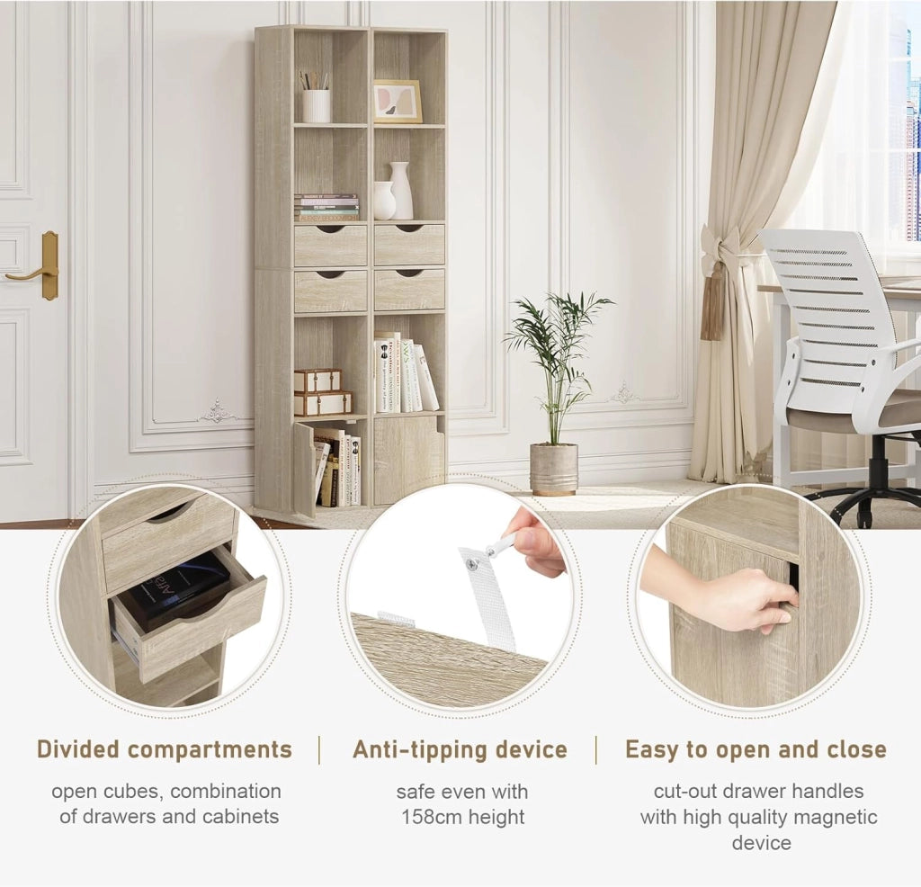 Libreria Scaffale Moderna in Legno, Libreria Verticale con 3 Vani Aperti, 2 Cassetti e 1 Armadietto, Mobile Portaoggetti Portalibri da Terra con Ripiano Regolabile, Legno Chiaro, 30x24x158cm