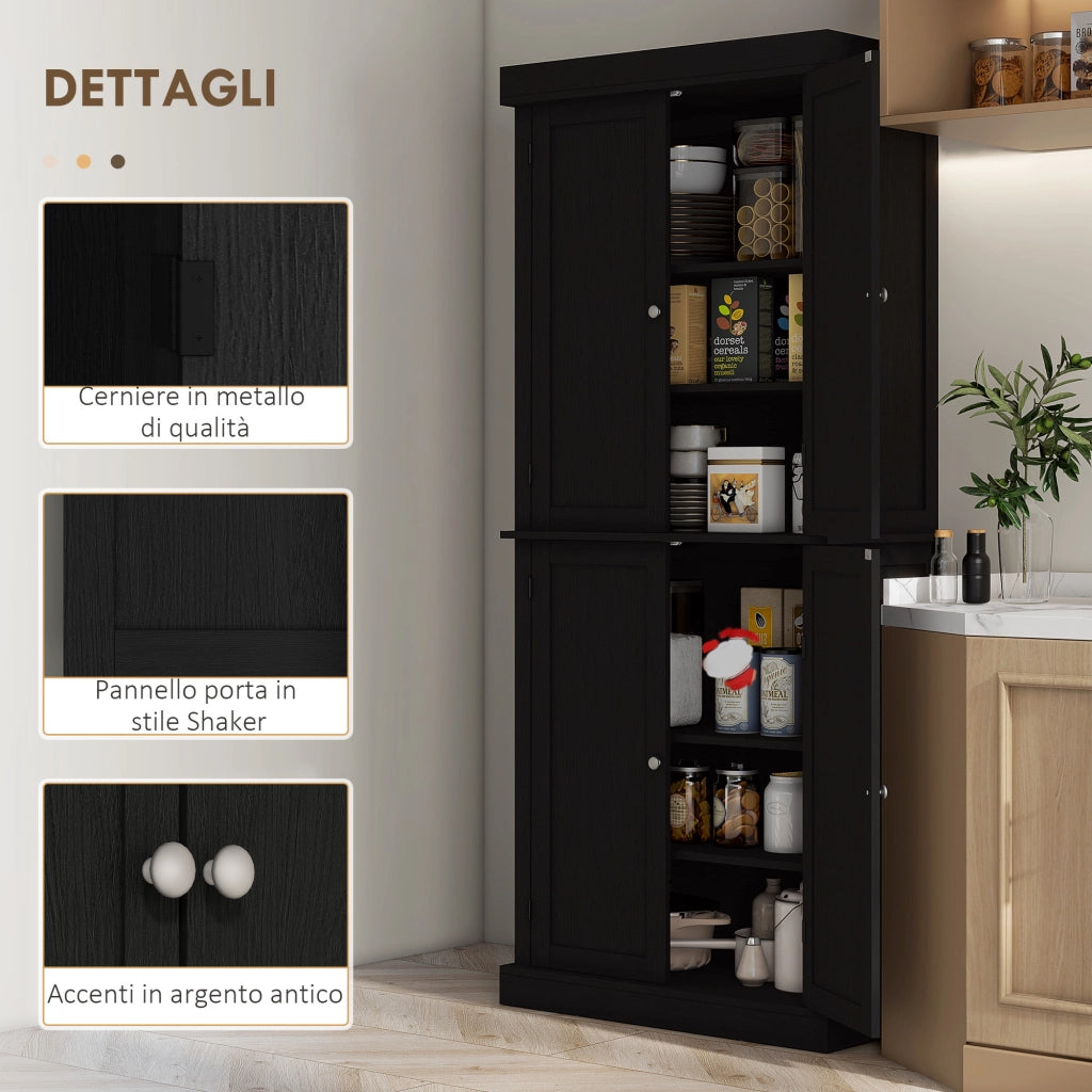 Mobile Cucina Alto con 6 Ripiani Regolabili e 4 Ante in Legno, 76x40.5x184 cm, Nero