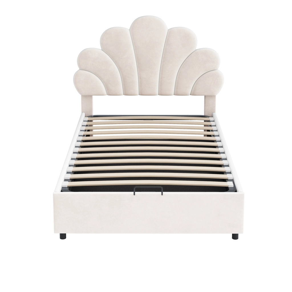 Letto per bambini imbottito con testiera floreale regolabile; contenitore idraulico e doghe; velluto beige; 90x200 cm; senza materasso