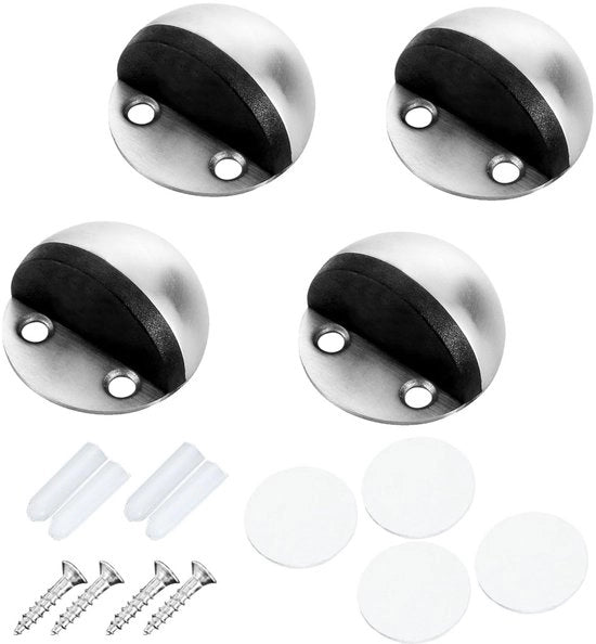 Stopper per porte in acciaio inox - 4-pack - Stopper per piastrelle - Stopper in cima di gomma - Installazione con adesivo/ viti - Accessorio di protezione per pavimento a forma di mezzaluna - 4,5*2,6 cm