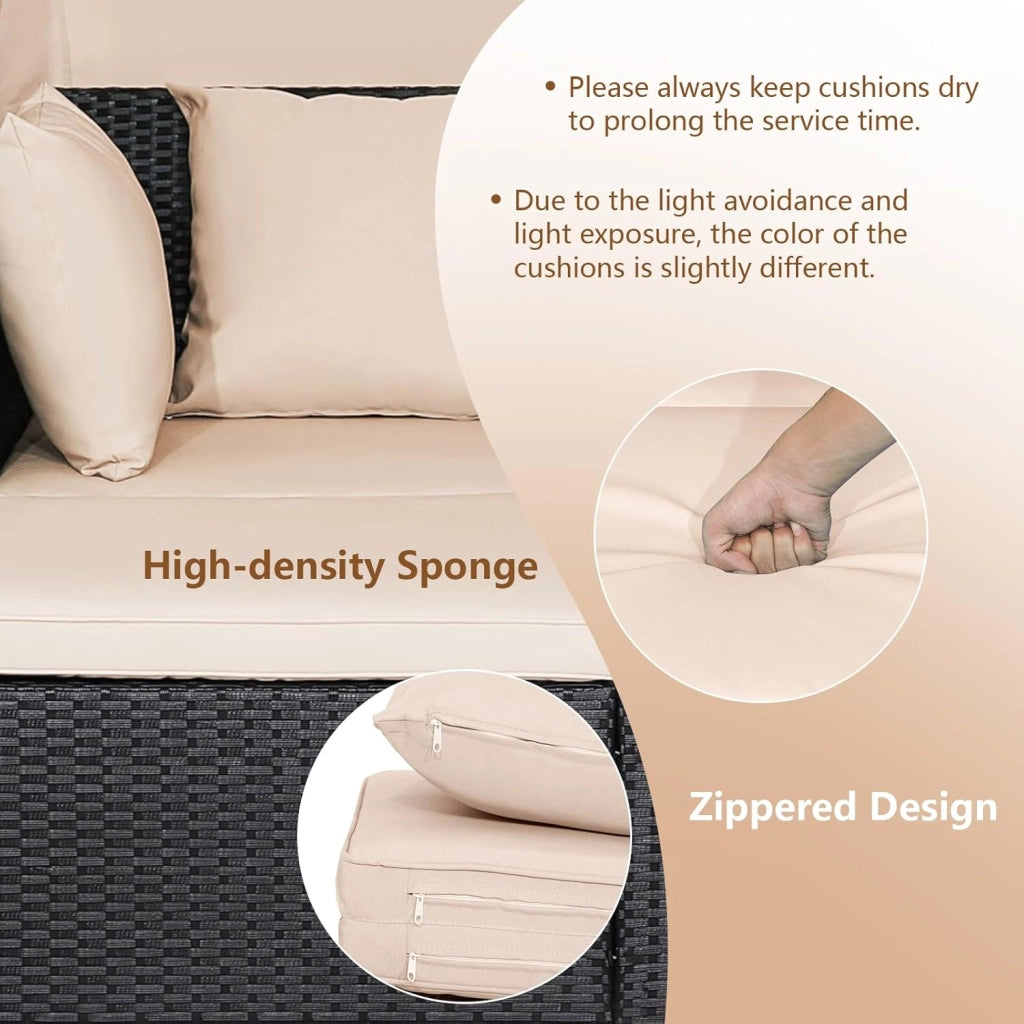 Lettino da Esterno in Rattan, Set di Divani da Patio con Tettuccio Retrattile e 2 Tavolini, Lettino da Esterno con Morbidi Cuscini e Ampia Superficie di Sdraio, 3 Colori (Beige)