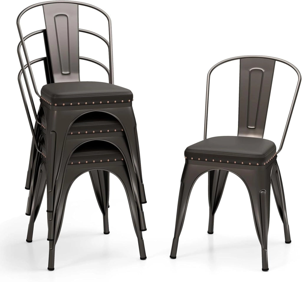 Set di 4 sedie da pranzo impilabili, da cucina, da bistrò, con schienale rimovibile, imbottite, da soggiorno, da pranzo, in metallo, portata 150 kg, 44 x 53 x 84 cm (marrone bronzo)