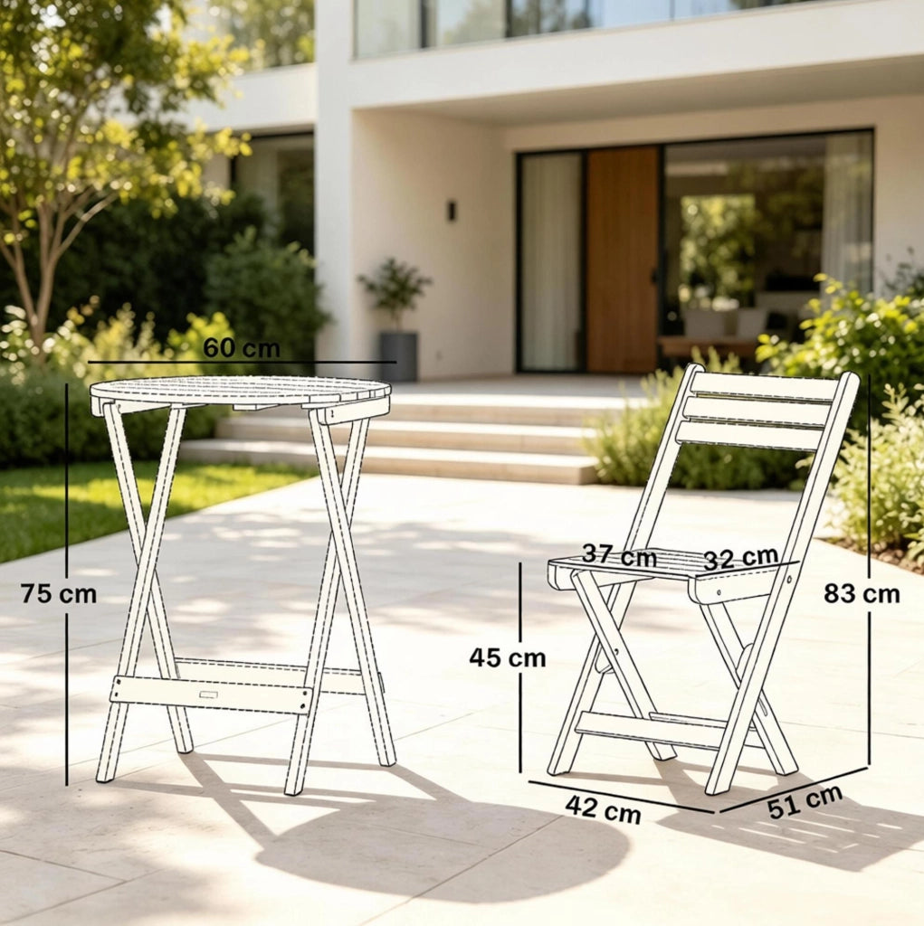 Set da giardino pieghevole in acacia con tavolo e 2 sedie