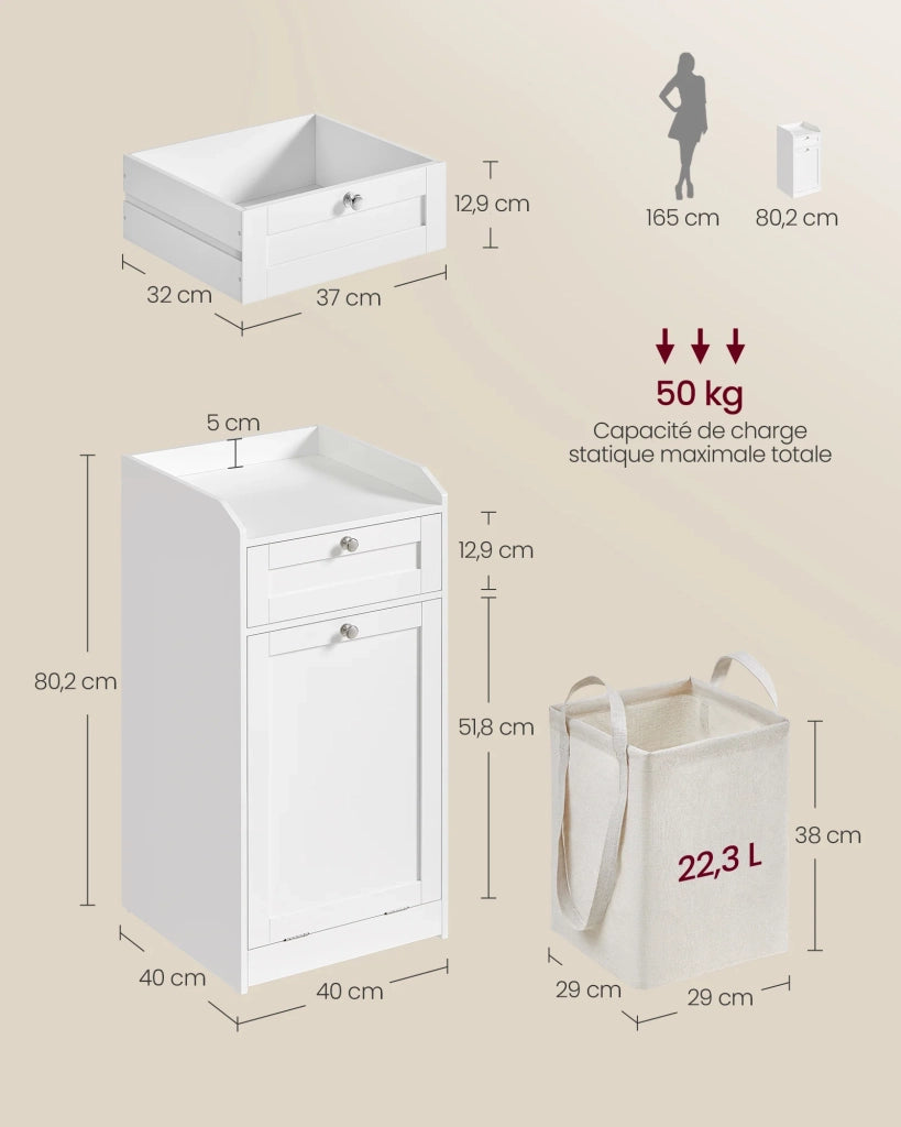 Mobiletto da bagno con cesto portabiancheria e contenitore dotato di 1 cassetto e 1 sacco interno portabiancheria estraibile con manici 40 x 40 x 80,2 cm bianco 12_0006485