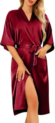Kimono Satinato per Donna con Cintura Sexy, Abito da Camera Leggero, Dimensione L, Colori Blu e Rosso