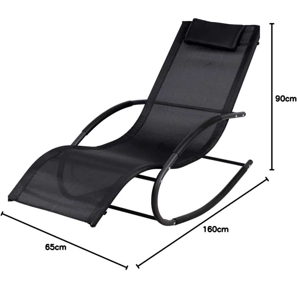 Sedia Basculante Da Giardino Ergonomica Con Poggiatesta Imbottito Poltrona Relax A Dondolo Per Terrazzo Patio Piscina 160x65x90 Cm Nero