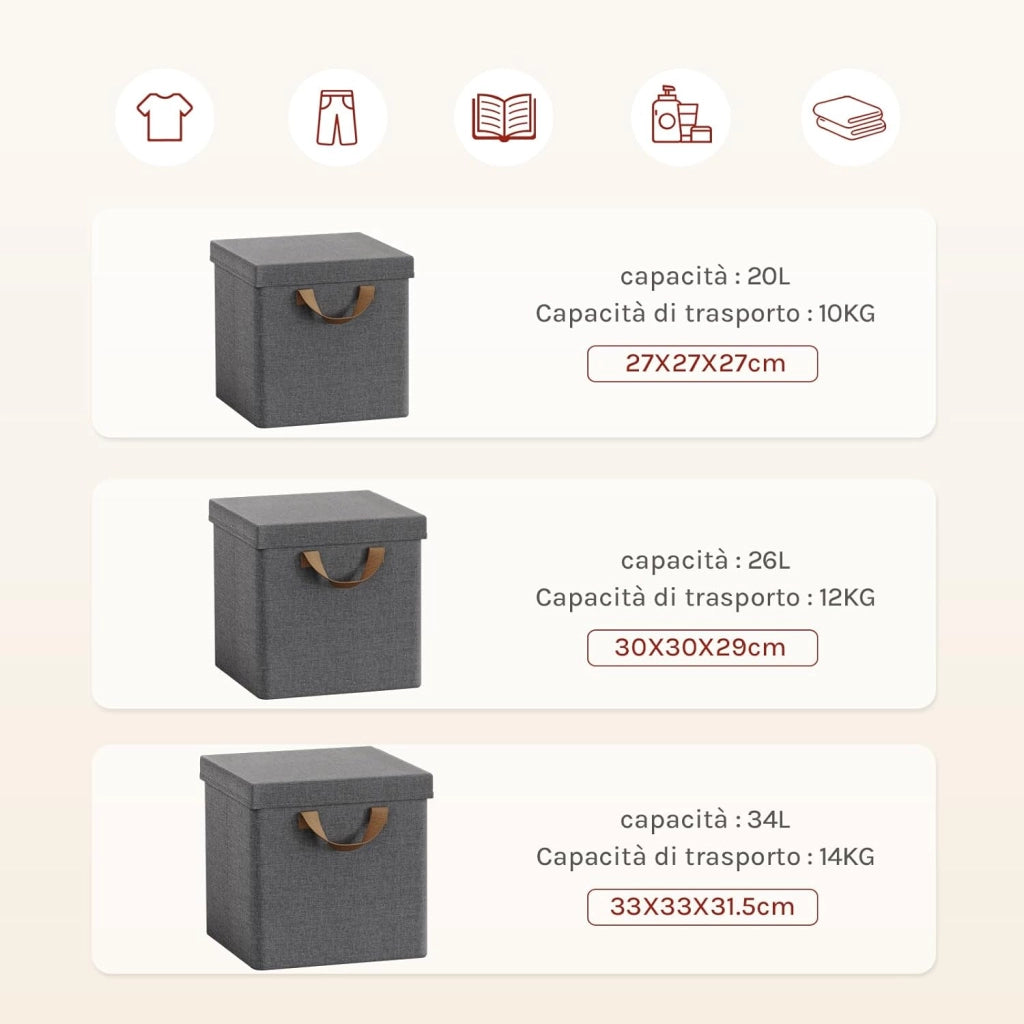 Scatole Contenitori Pieghevoli Set di 5, Cubi in Tessuto con Coperchio, Manico e Struttura in Metallo, Organizer per Scaffale e Armadio, Grigio, 30x30x29cm