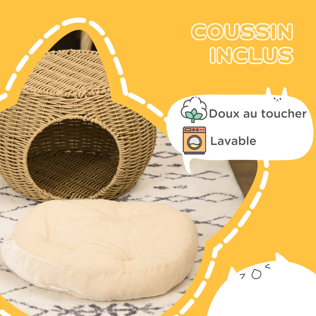 Cesta per Gatti a 2 Livelli ¨C zephmum ¨C Resina Effetto Rattan con Cuscino Marrone Chiaro ?40x30cm