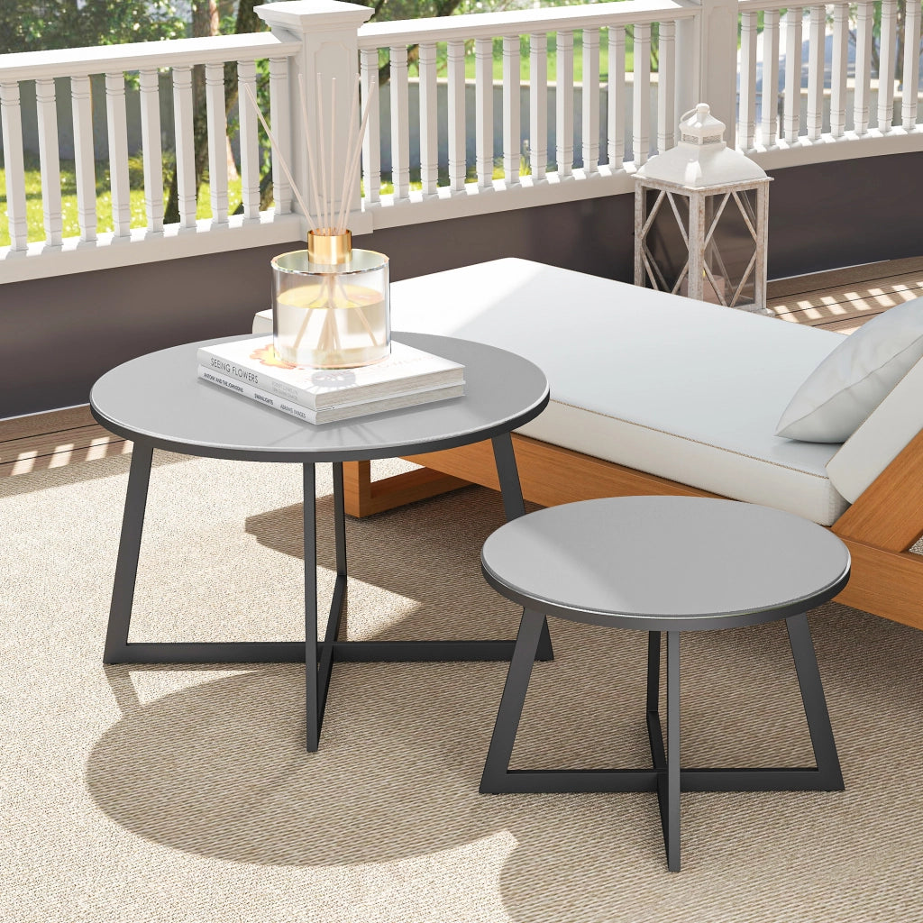 Set 2 Tavolini per Esterni Ø70x45 cm e Ø50x35 cm con Piano in Vetro Grigio