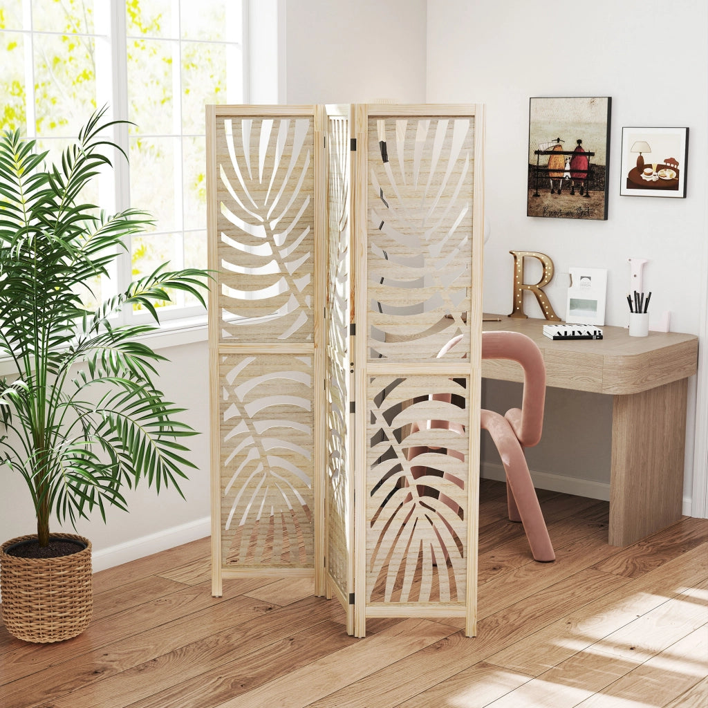 Paravento da Interno a 3 Pannelli Pieghevole e Separabile Design a Foglie 120x170 cm in Legno