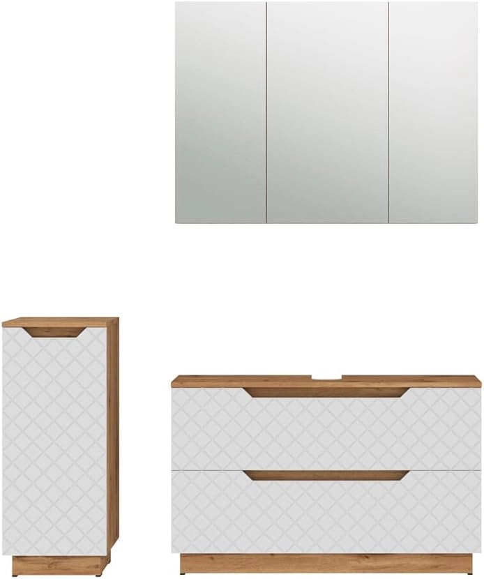 Set di mobili da bagno Lotta, Rovere/bianco con struttura in piastrelle, 3 parti