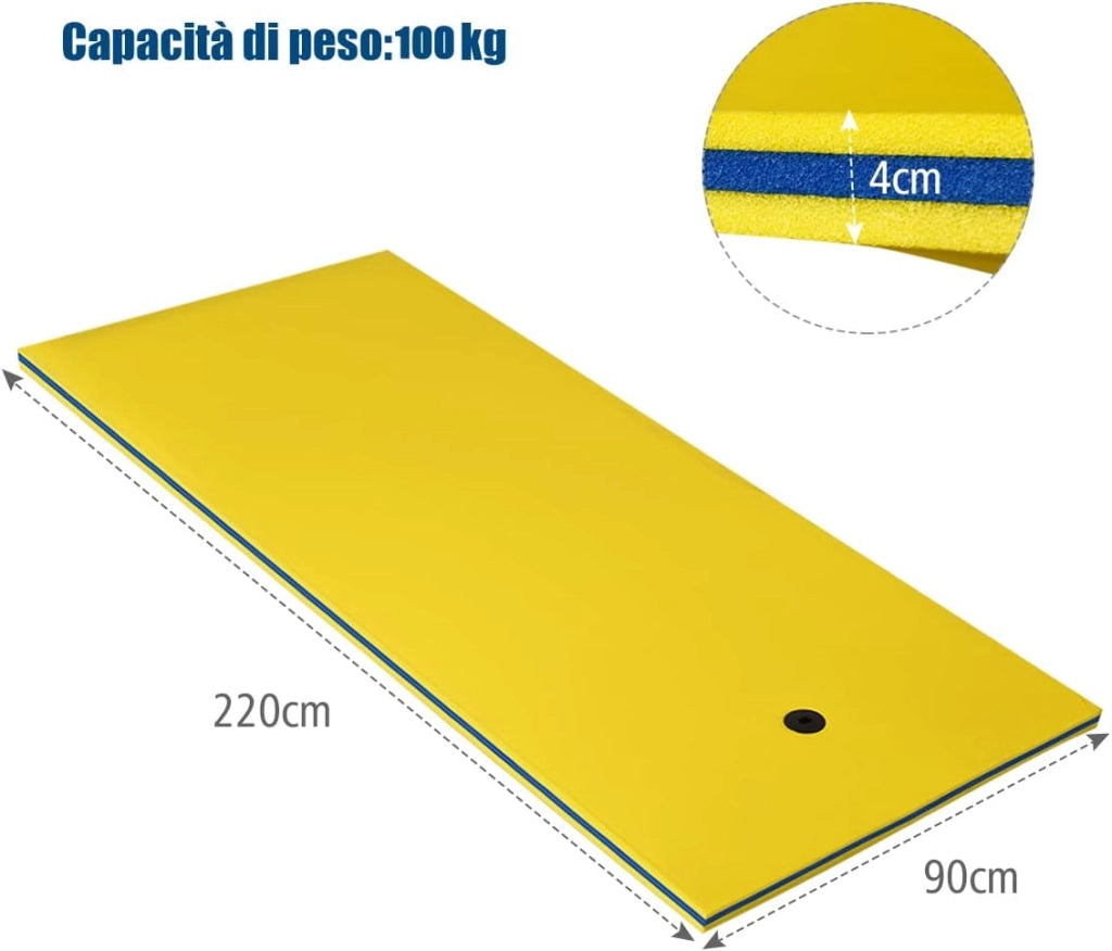 Tappeto Galleggiante per Mare e Piscina Arrotolabile, Materassino Galleggiante in Schiuma con Poggiatesta e Corda, Galleggiante Piscina Resistente