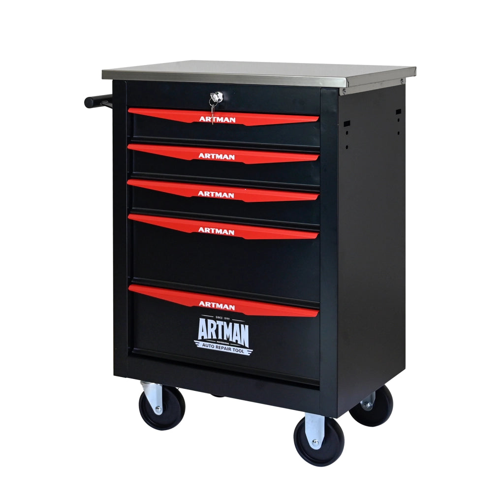 Mobile contenitore con 5 cassetti e ruote in acciaio per garage e officina, con chiusura a chiave, nero rosso
