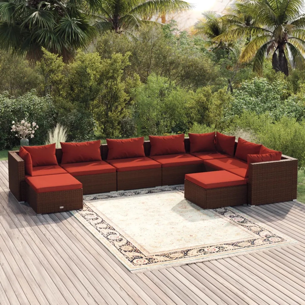 Set Divani da Giardino 9 pz con Cuscini in Polyrattan Marrone 3102675