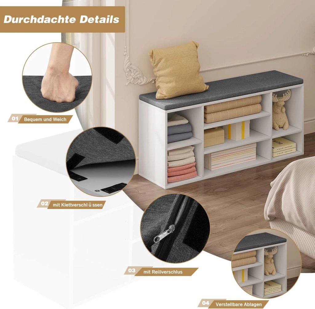 Panca Scarpiera da Ingresso, Scaffale Porta Scarpe a 7 Scomparti con Seduta Imbottita, Mobile da Ingresso Salvaspazio in Legno, Bianco e Grigio, 103,5x30x48 cm