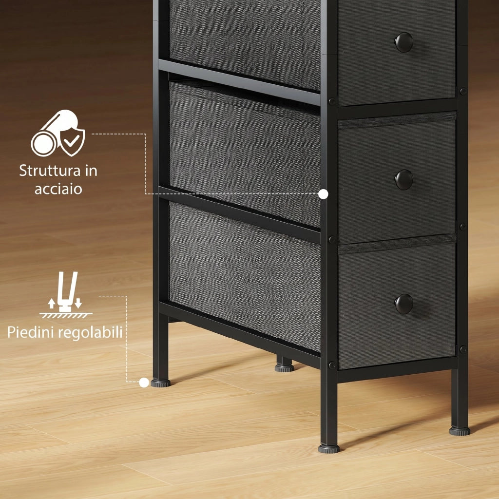 Cassettiera Slim Salvaspazio 20x43x81,5 cm con 4 Cassetti Telaio in Acciaio in Tessuto Nero