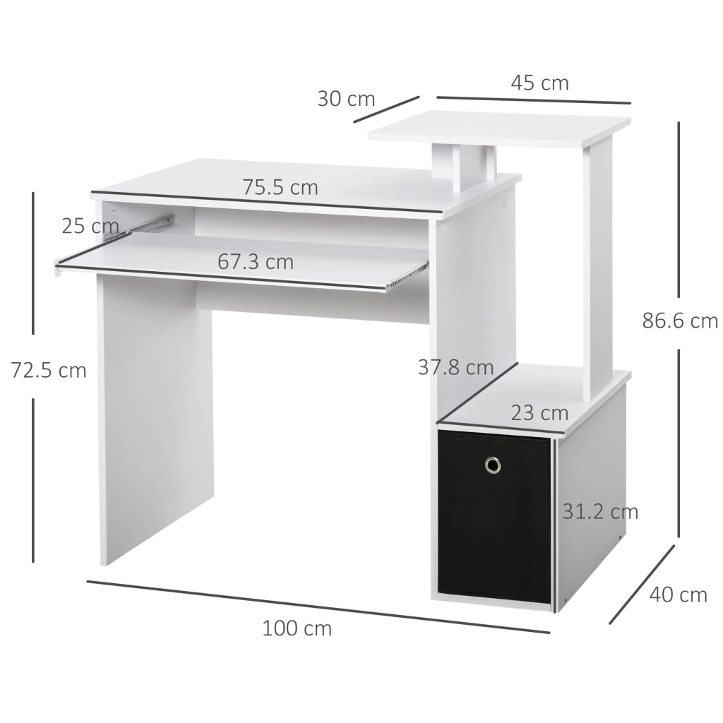 Scrivania Moderna con Mensola per Tastiera e Cassetto in Tessuto 100x40x86,6 cm  Bianco e Nero