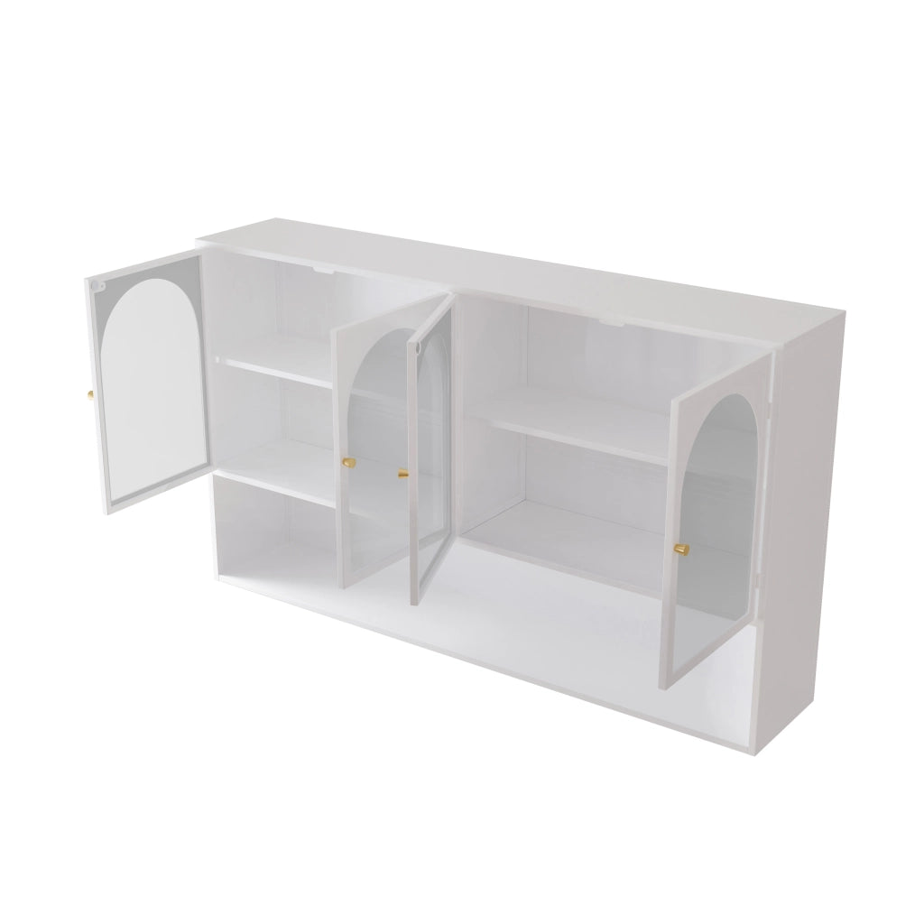 Mobile contenitore con 4 ante in vetro e metallo per cucina e soggiorno; 120×23×70 cm; bianco