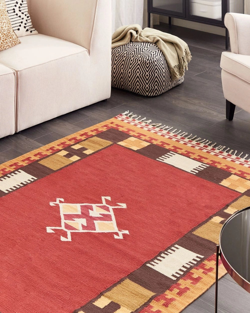 Tappeto Kilim in cotone tessuto a mano reversibile con motivo geometrico e nappe multicolore 160 x 230 cm soggiorno camera da letto