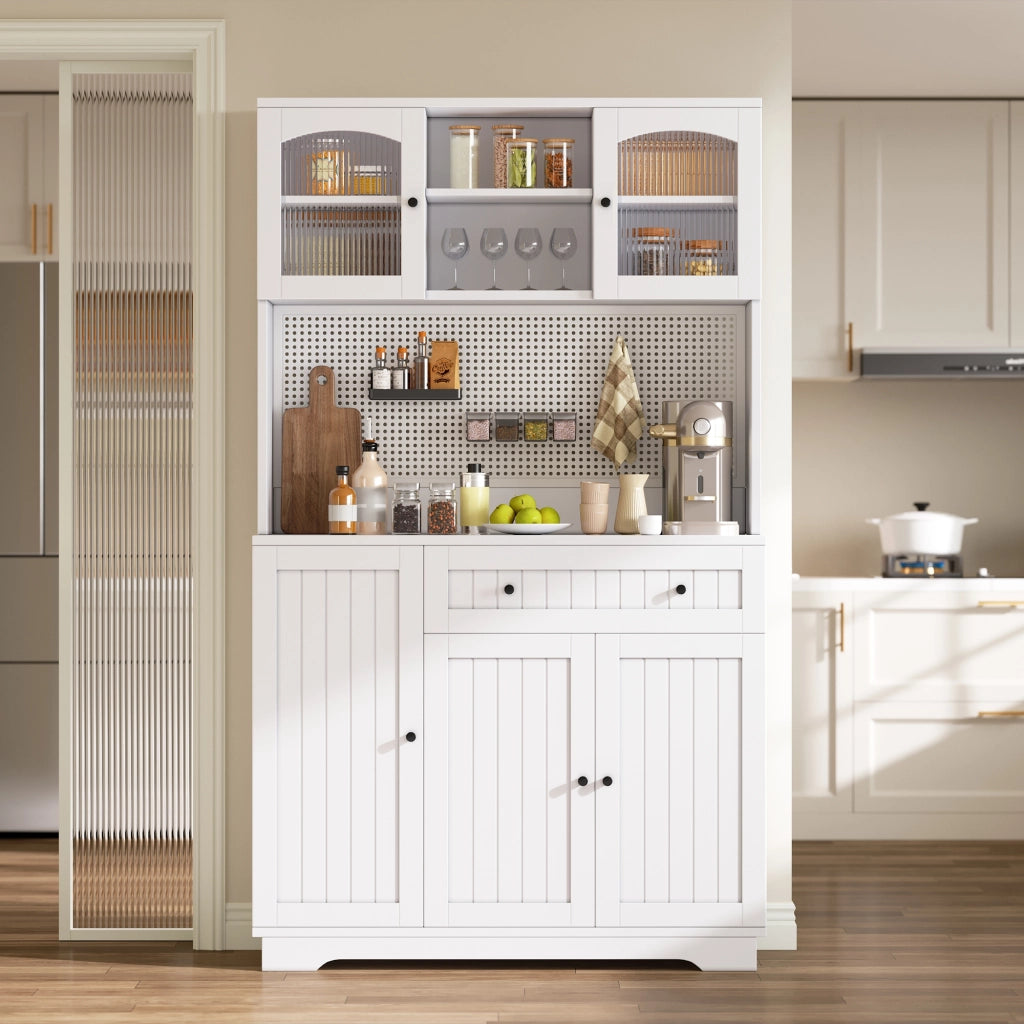 Credenza alta con vetrina e ripiani regolabili per cucina in truciolare bianco 103,5 × 40 × 180 cm