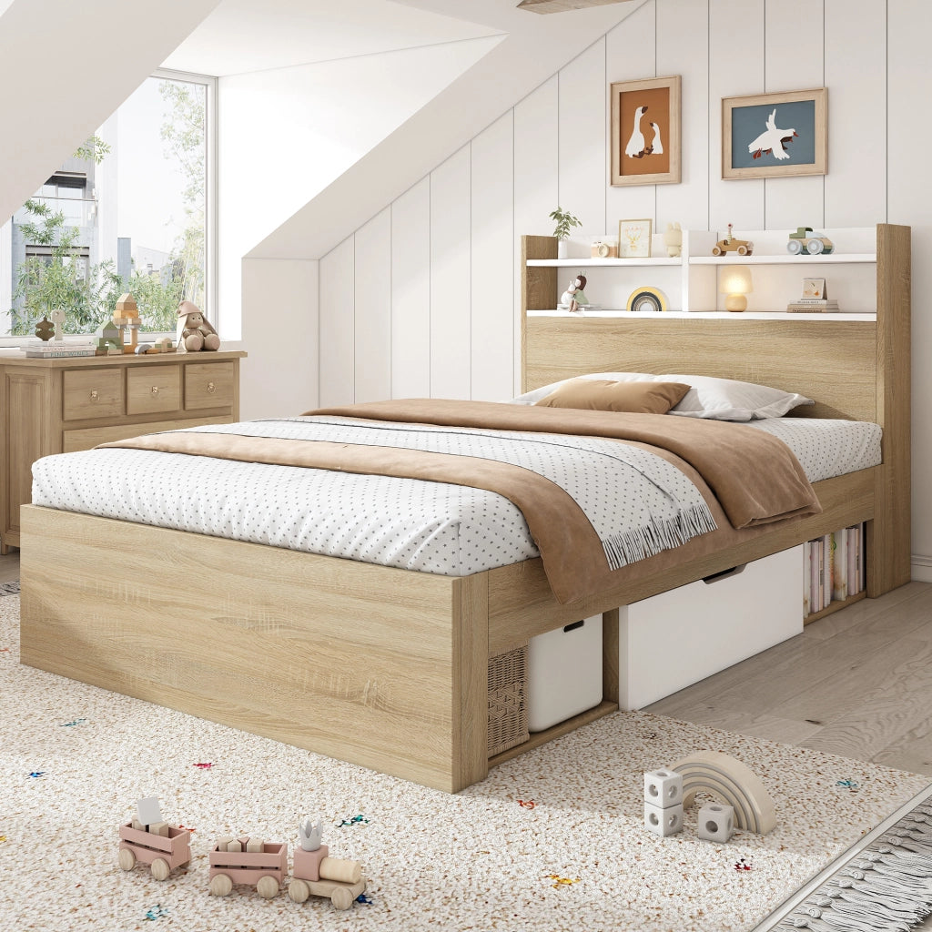 OKWISH Letto Singolo 90×200 cm con 2 Cassetti, Contenitore e Mensole, senza Materasso, in Legno, Bianco e Rovere