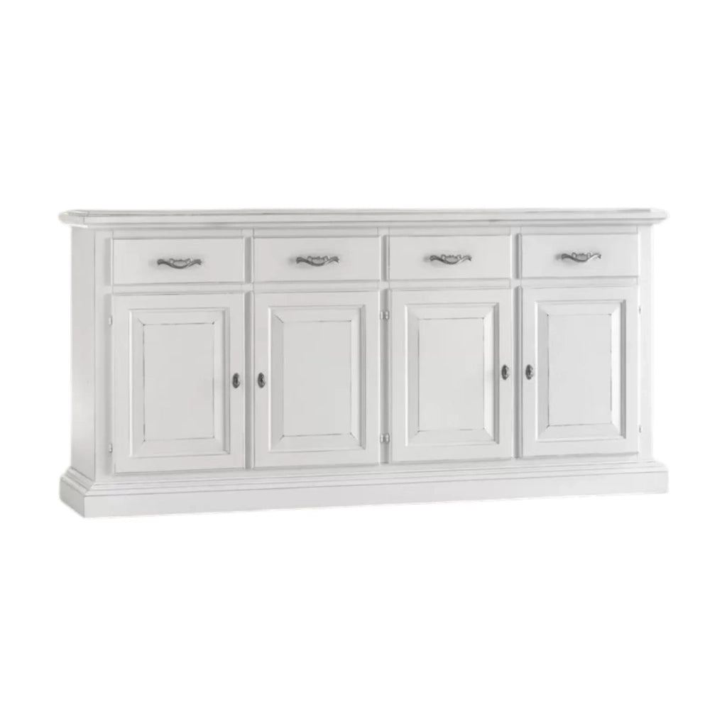 Madia credenza shabby chic in legno massello 4 porte bianco consumato l.222 p.51 h.105 - Mobili 2G