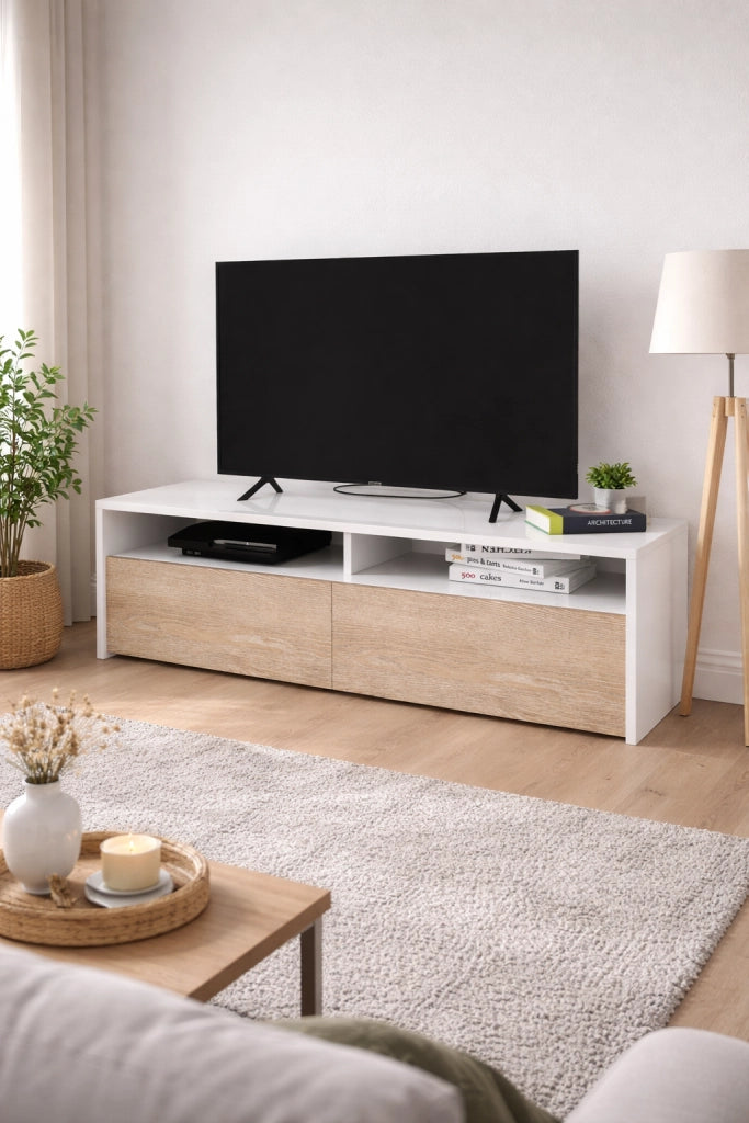 Mobile Soggiorno Porta Tv Moderno Parete Attrezzata Con 2 Ante E 2 Vani A Giorno Mobiletto Salvaspazio Da Terra Per Televisione Soggiorno Salotto Camera Da Letto 130 x 40 x 35 Cm Bianco E Rovere