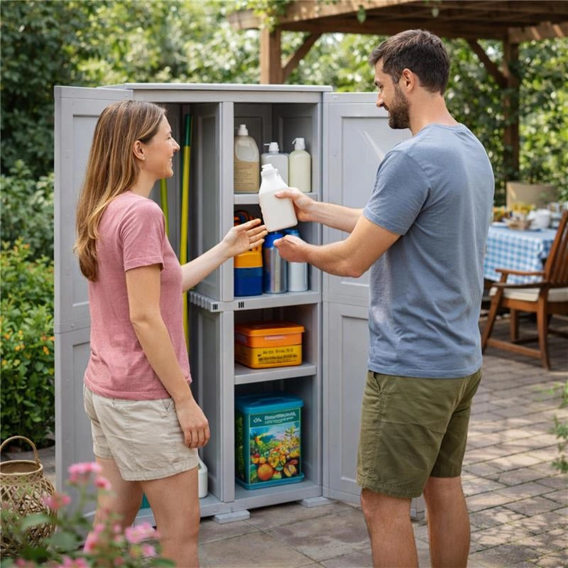 ARMADIO 2 ANTE GRIGIO 79X43X164 CM CON VANO PORTASCOPA E RIPIANO – MOBILE ORGANIZZATORE VERTICALE PER LAVANDERIA E RIPOSTIGLIO