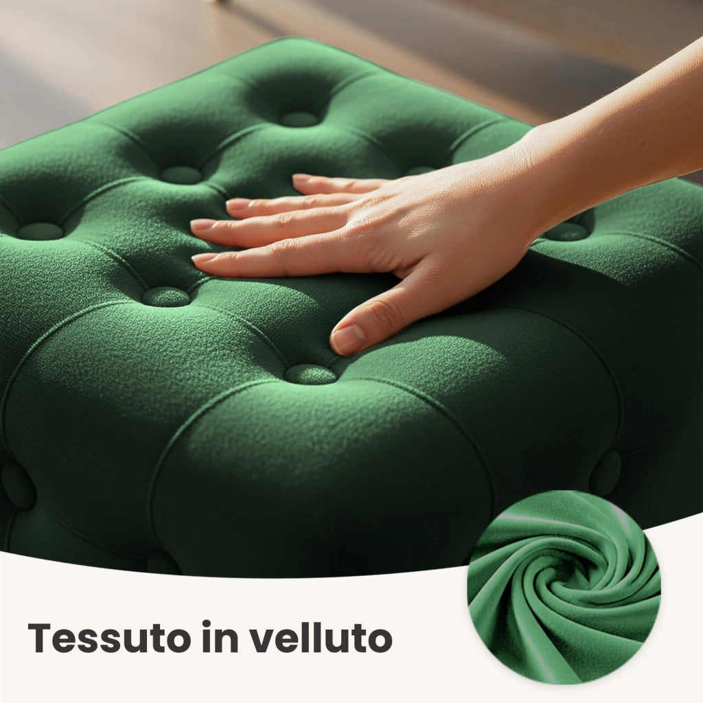 Pouf sgabello in velluto trapuntato 40 cm QUADRA Verde Bottiglia