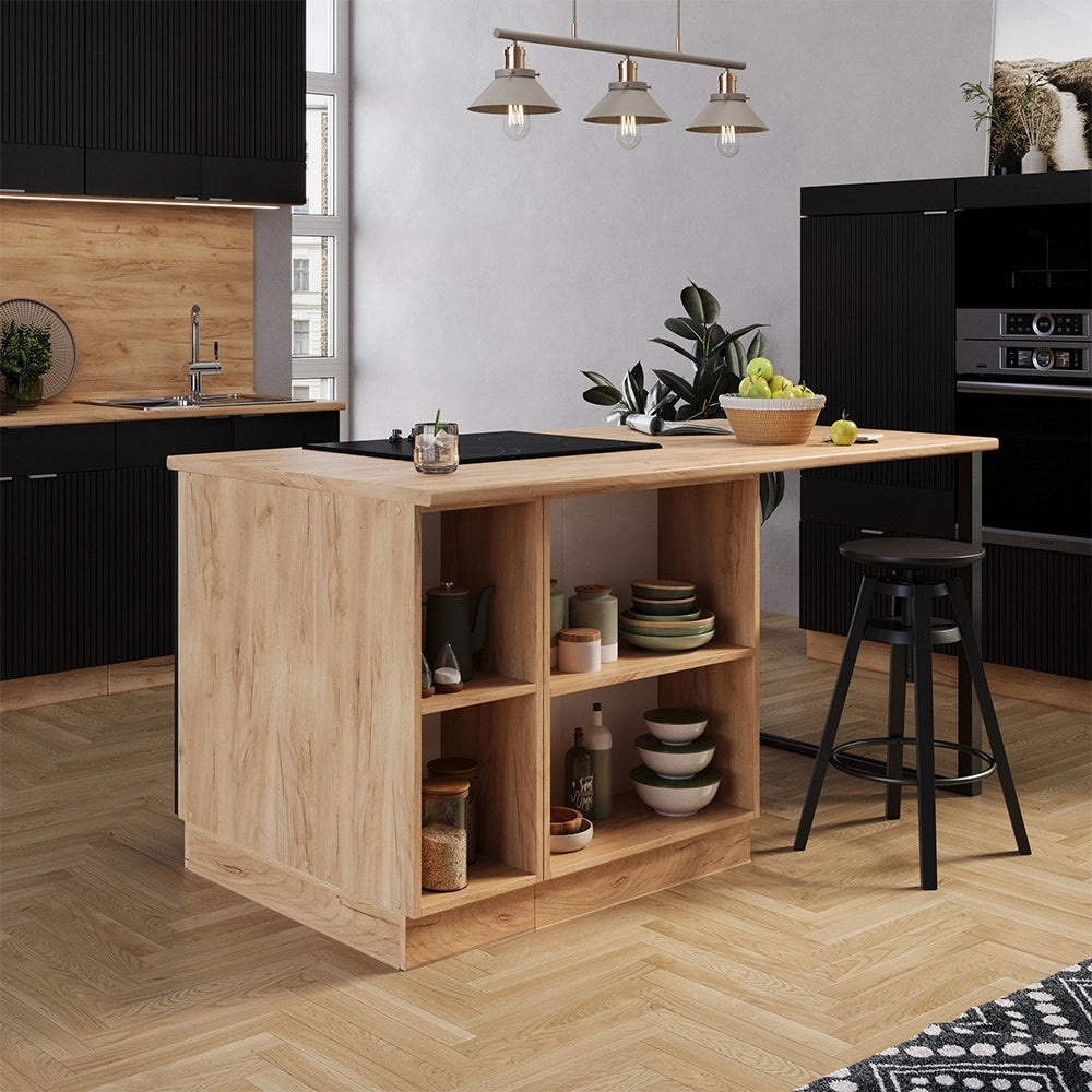 Isola cucina Fame-Line Nero rigato/Rovere dorato 90 cm con cassetto, senza piano di lavoro Vicco