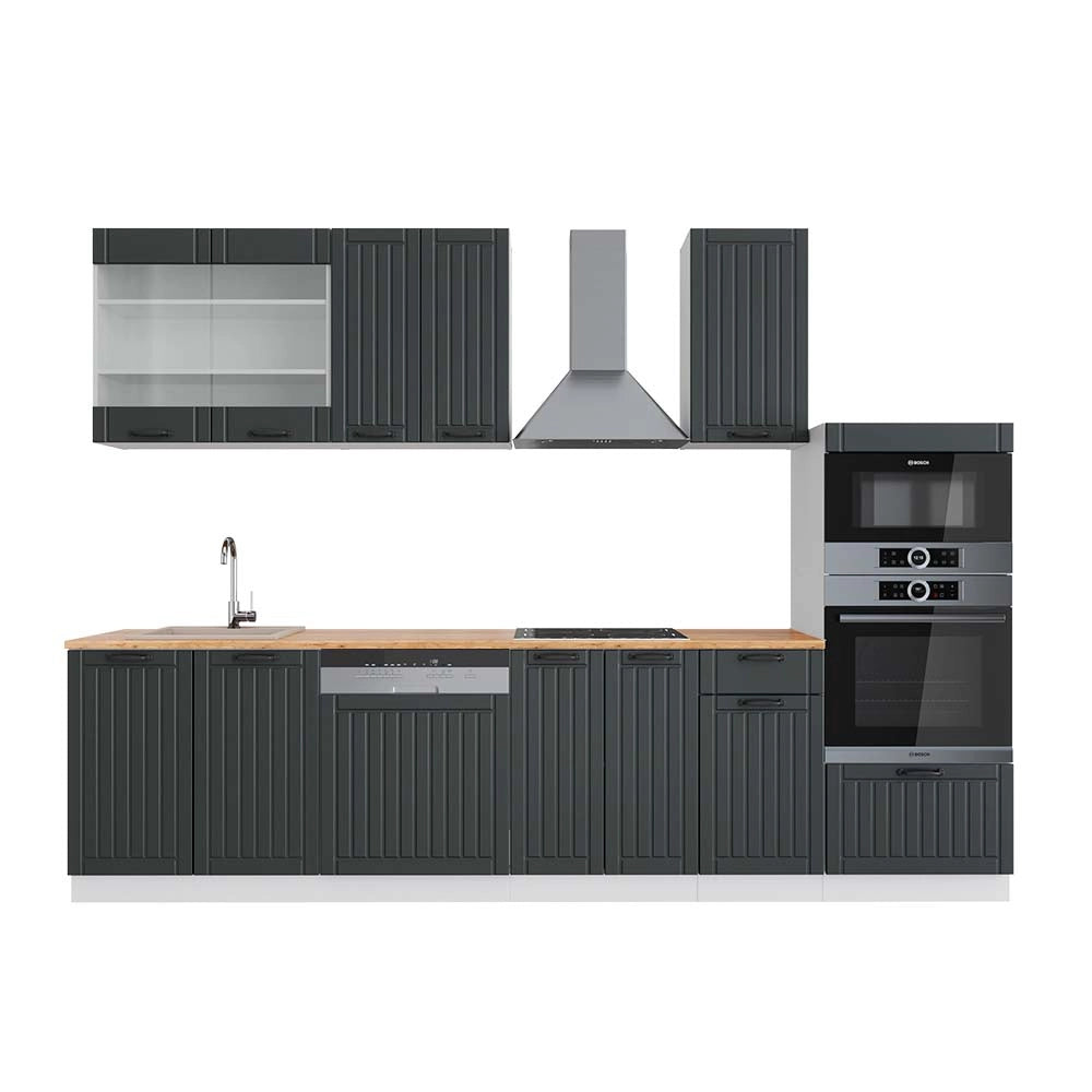 Cucina componibile Fame-Line Antracite rustico/Bianco 300 cm con armadio alto, PL Rovere Vicco
