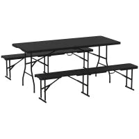 Set da Pic Nic Pieghevole a 3 Pezzi con Tavolo e 2 Panche in HDPE e Metallo, Nero