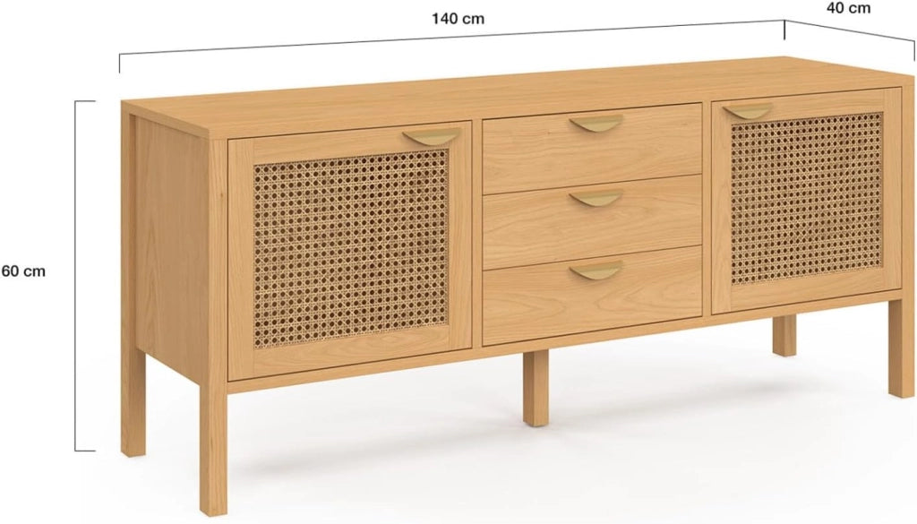 Credenza bassa EDHEN 140 cm, 2 ante e 3 cassetti, legno e vimini