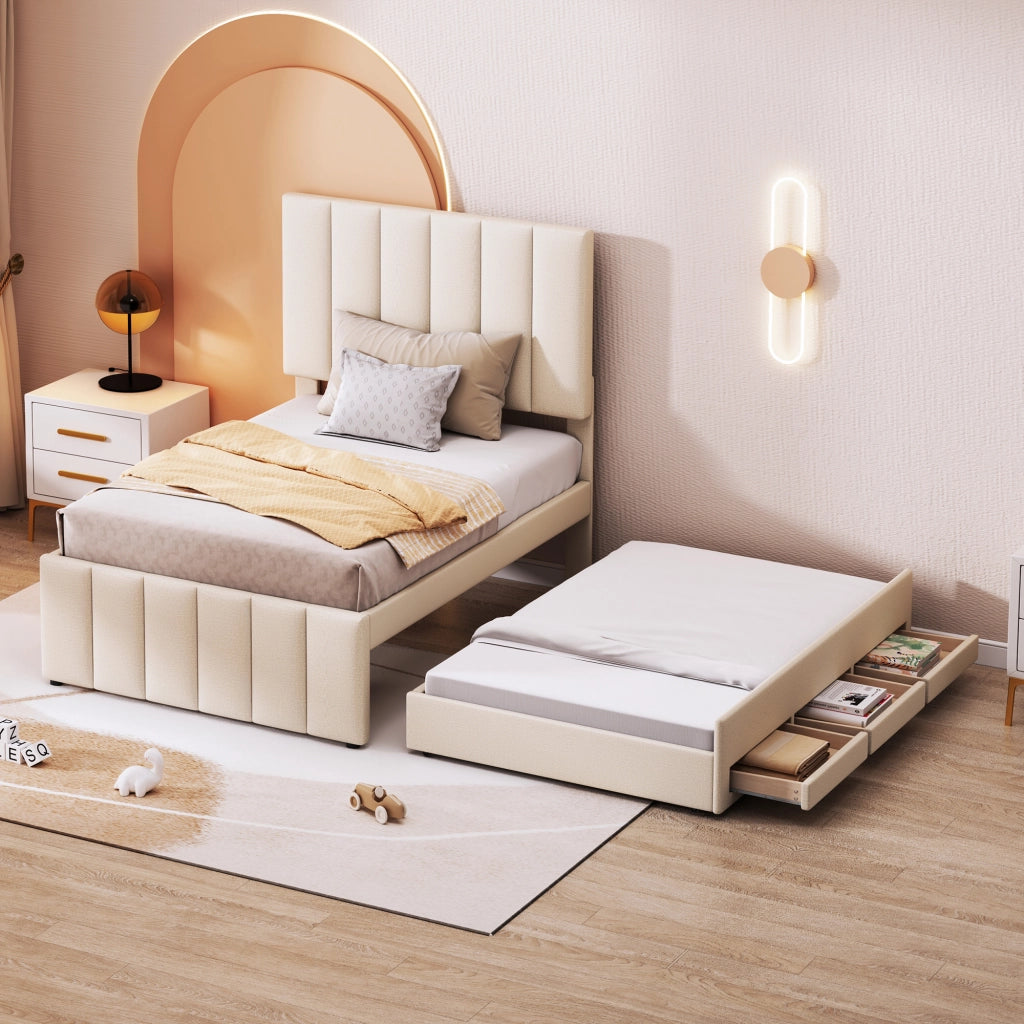 Letto imbottito singolo 90×200 cm con letto estraibile e 3 cassetti; rete; senza materasso; beige