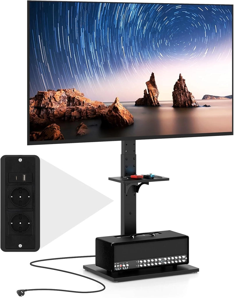 Supporto TV da Pavimento da 32-70 Pollici, Piedistallo TV Regolabile in Altezza e Inclinazione con Presa di Corrente e Ripiano AV, Portata 50 kg, Porta TV per Soggiorno
